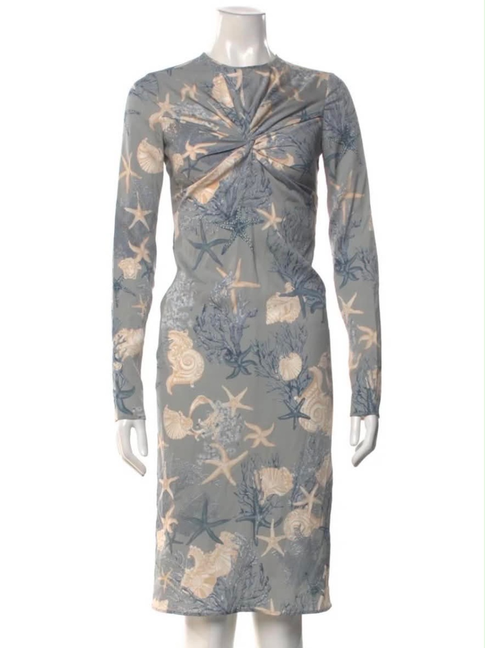 Versace Grey & Beige Seashell Print Twist-Front Long Sleeve Dress